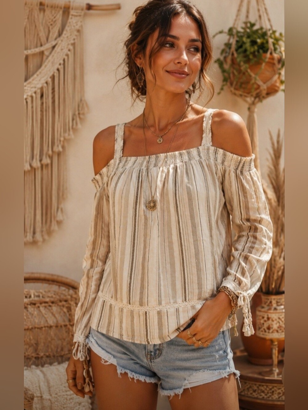 LC Lauren Conrad Cream Gray Peach Striped Cold Shoulder Cotton Boho Top Small